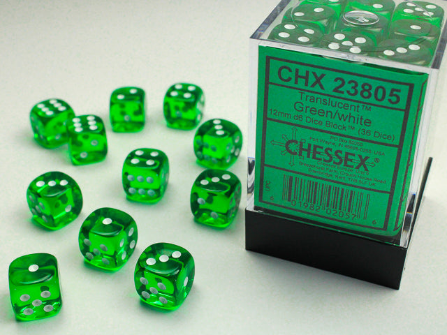 12mm d6 Dice Block (36 Dice - Translucent: Green/White)