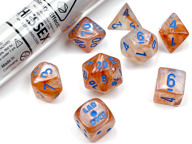 Lab Dice: Borealis Rose Gold / Light Blue Polyhedral 8-Dice Set