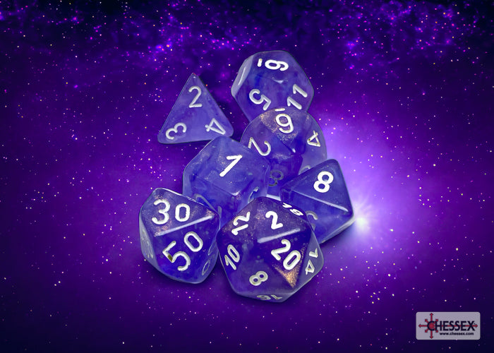 Borealis Dice - Chessex (Purple/White Luminary) (Polyhedral, 7 Piece Set)