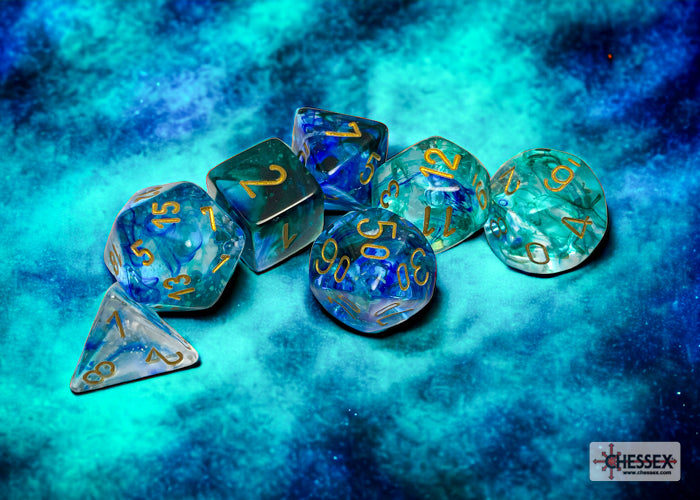 Nebula Oceanic/gold Luminary Polyhedral 7-Dice Set