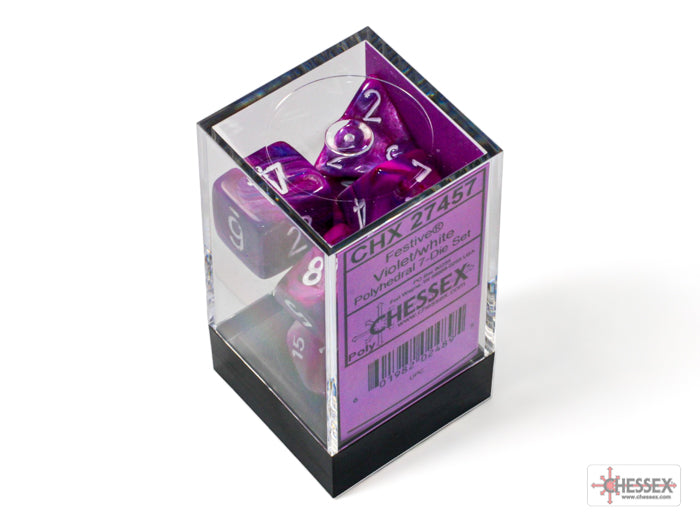 Festive Violet/white Polyhedral 7-Dice Set