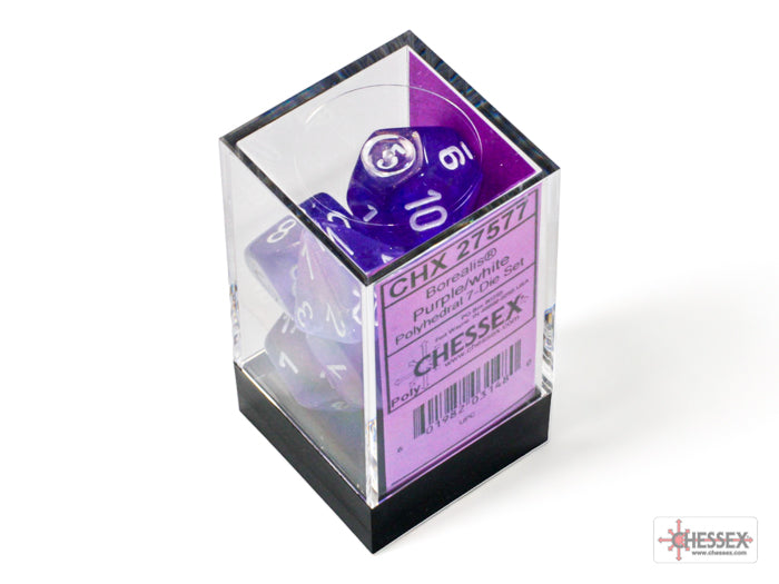 Borealis Dice - Chessex (Purple/White Luminary) (Polyhedral, 7 Piece Set)