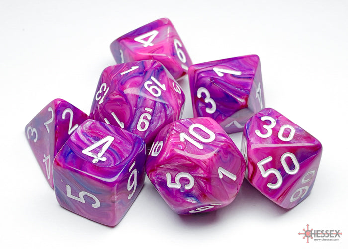 Festive Violet/white Polyhedral 7-Dice Set