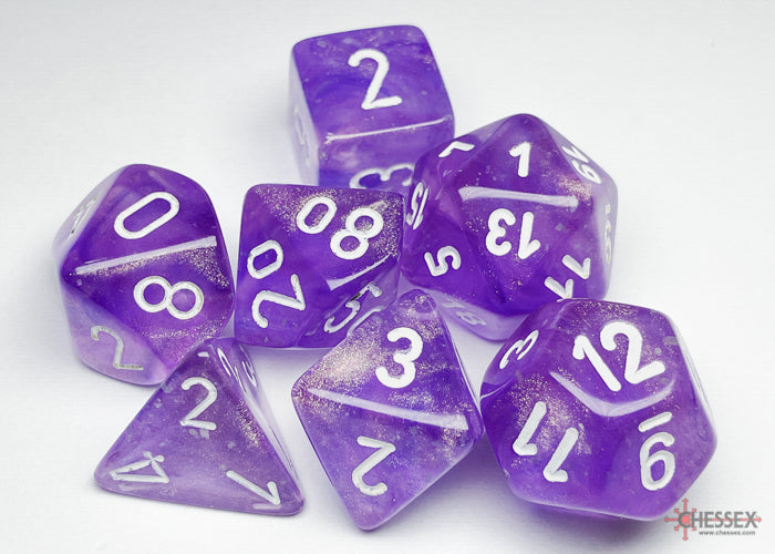 Borealis Dice - Chessex (Purple/White Luminary) (Polyhedral, 7 Piece Set)