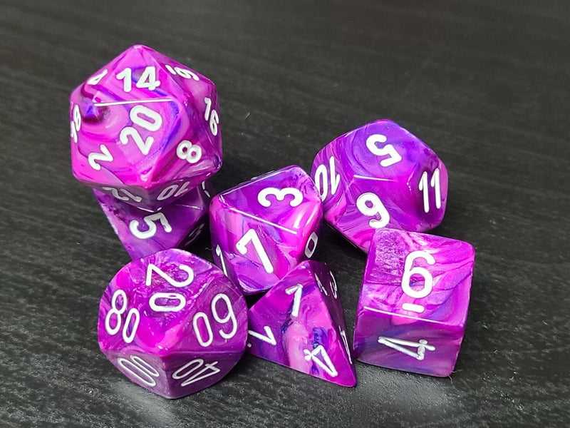 Festive Violet/white Polyhedral 7-Dice Set