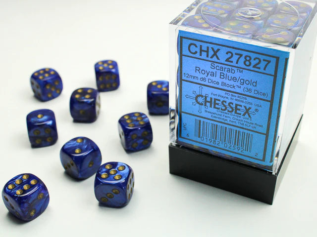 12mm d6 Dice Block (36 Dice - Scarab: Royal Blue/Gold)