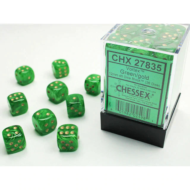 12mm d6 Dice Block (36 Dice - Gemini: Green/Gold)