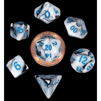 Dice: Mini 10mm 7pc Set: Marble: Blue Numbers