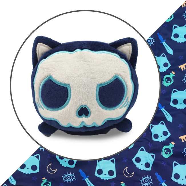 Tote Bag with Plushie: (Dark Blue Skulls + Dark Blue Skull Cat)